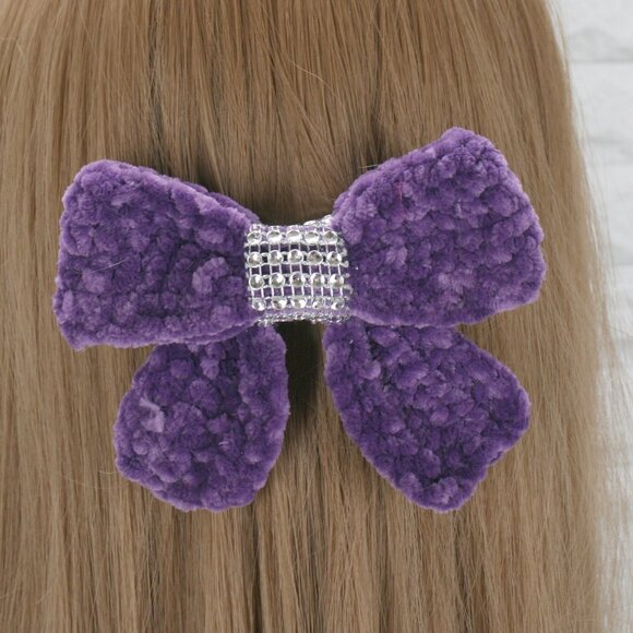 Hand Crafted Accessories - HAND CRAFTED Crochet Bow Chenille Velvet Hair Barrette Oversized Bling Purple